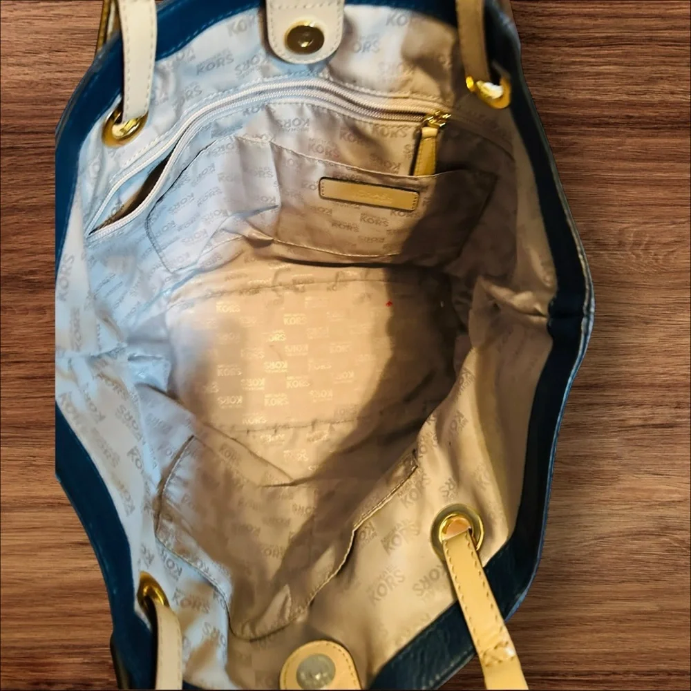 Michael Kors Blue and Tan Tote Bag with Signature Charm